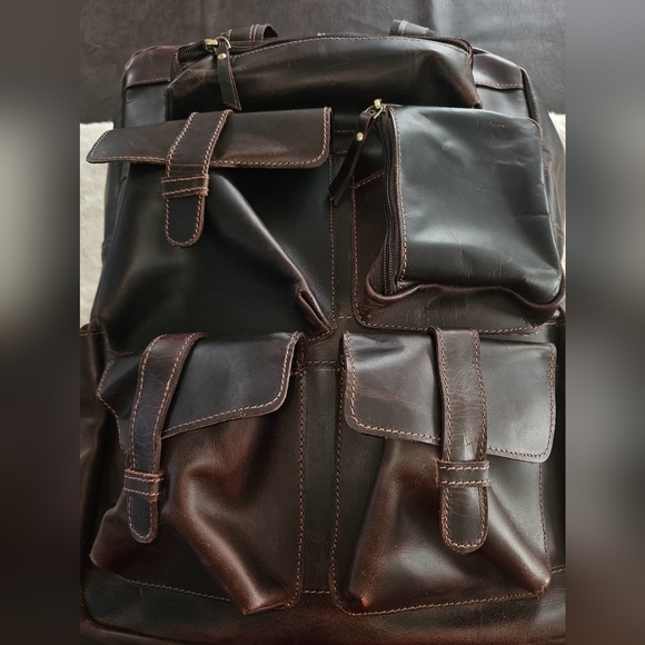 Brown Genuine Leather Backpack with Multiple Pockets - Picture 5 of 13